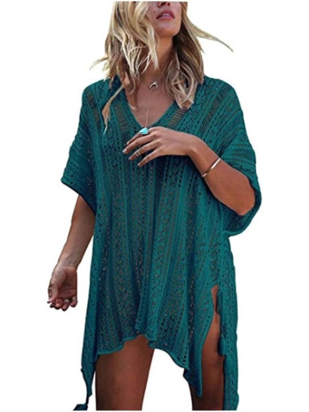 Women Peacock Blue Polyester Crochet Cover up Swimsuit Breathable Beach Swimwear